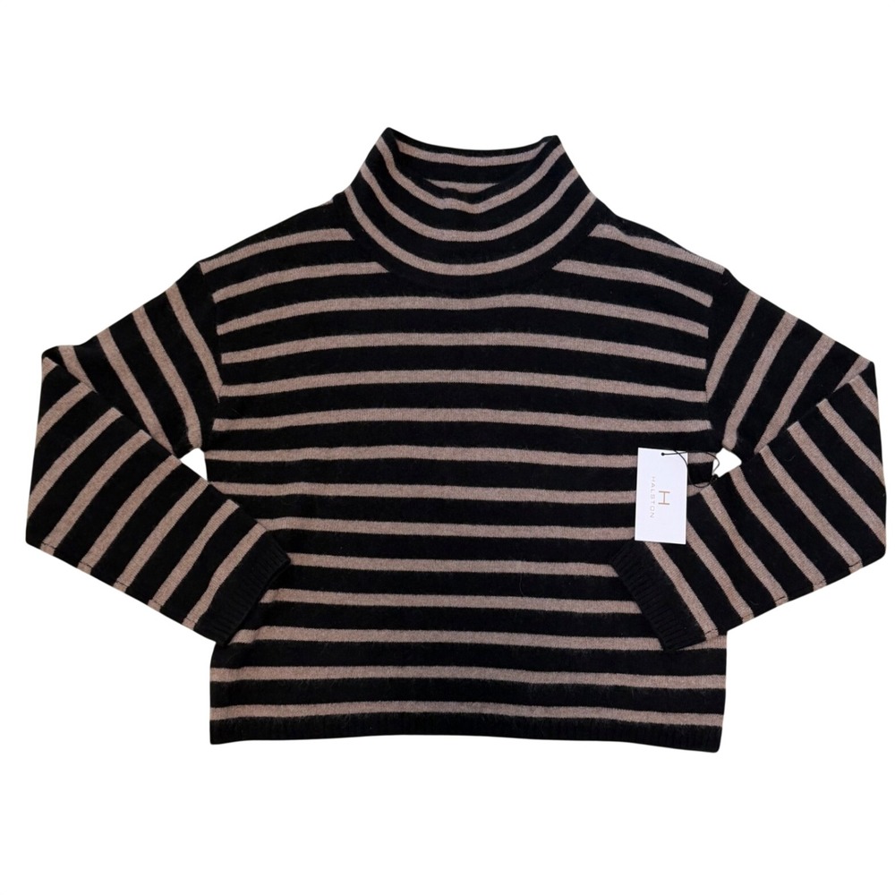 Halston Womens Black Tan Striped 100% Cashmere Cozy Mock Neck Sweater Size Large